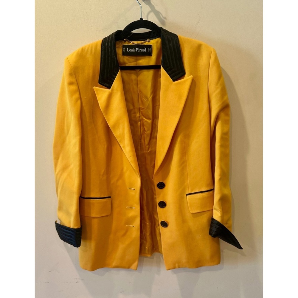 Louis Feraud Vintage Designer Blazer Sz 8 Made Germany Yellow Wool‎ Black Satin